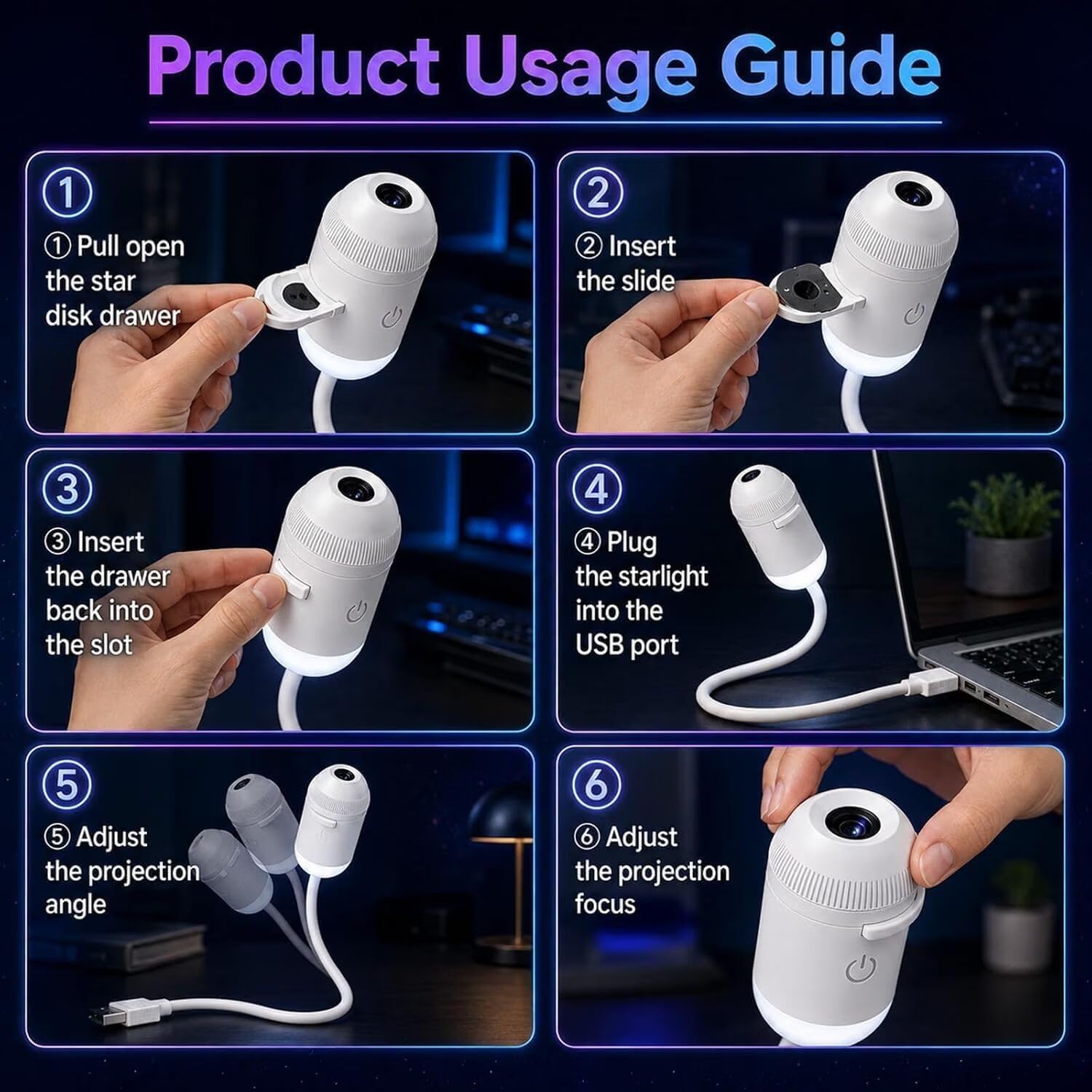 A small white cylindrical USB projector attached to a flexible gooseneck cable, displaying six different cosmic projections radiating outward from its lens: a detailed Moon, a swirling blue galaxy, Saturn, the Aurora Borealis, a starry night sky, and a celestial whale.