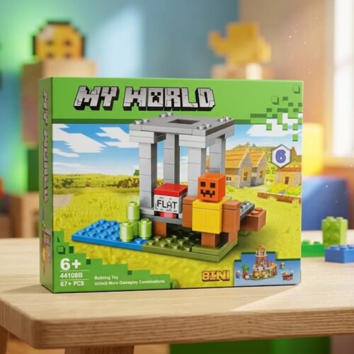 Retail box for the 8-in-1 "MY WORLD" building toy (Model 44108B) sitting on a wooden table, featuring a pixelated video game-style landscape, a blocky character, 67+ PCS, and a 6+ age rating.