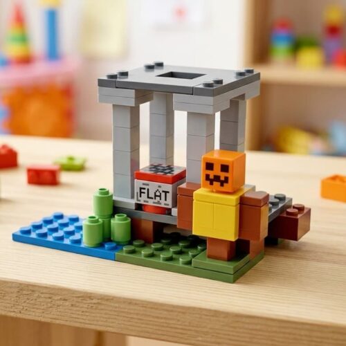Retail box for the 8-in-1 "MY WORLD" building toy (Model 44108B) sitting on a wooden table, featuring a pixelated video game-style landscape, a blocky character, 67+ PCS, and a 6+ age rating.