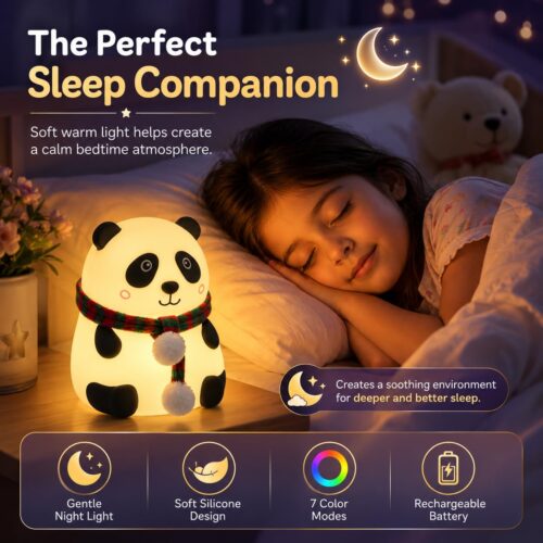 Add a touch of cozy magic to any bedroom with this adorable Panda Night Light! Made from soft, squishy silicone, this cute lamp features a festive red and green scarf and changes between 7 vibrant colors with just a simple tap. It is the perfect soothing bedtime companion for kids, nurseries, and panda lovers of all ages.