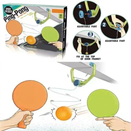 Retail packaging and demonstration graphics for the Sport Series hanging ping pong set. The graphics show a green clamp fixed to a door frame suspending an orange ball on a string, alongside a three-step instruction guide for adjusting the string length, and two hands holding orange and green paddles ready to hit the ball.