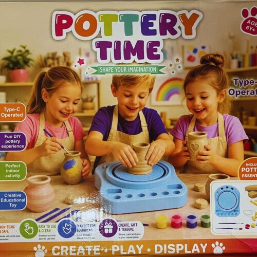 Retail packaging box for the Play Craft Pottery Time set showing three children happily shaping, painting, and displaying clay pots on a blue Type-C operated pottery wheel. The box highlights features like "Creative Educational Toy," "Non-Toxic & Safe," and "Includes Pottery Essentials!" for ages 6+