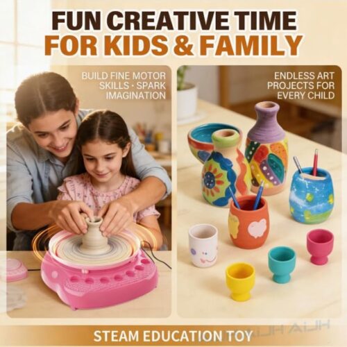 Retail packaging box for the Play Craft Pottery Time set showing three children happily shaping, painting, and displaying clay pots on a blue Type-C operated pottery wheel. The box highlights features like "Creative Educational Toy," "Non-Toxic & Safe," and "Includes Pottery Essentials!" for ages 6+.