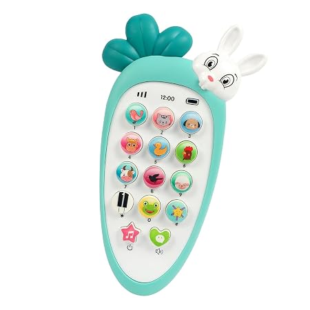 Infographic of a baby toy phone shaped like a light blue carrot, detailing its button functions including a green top teether, a light-up white rabbit head, 0-9 keys that play animal sounds, and special keys for piano music, mode changing, soothing sleeping sounds, and call ringing sounds.