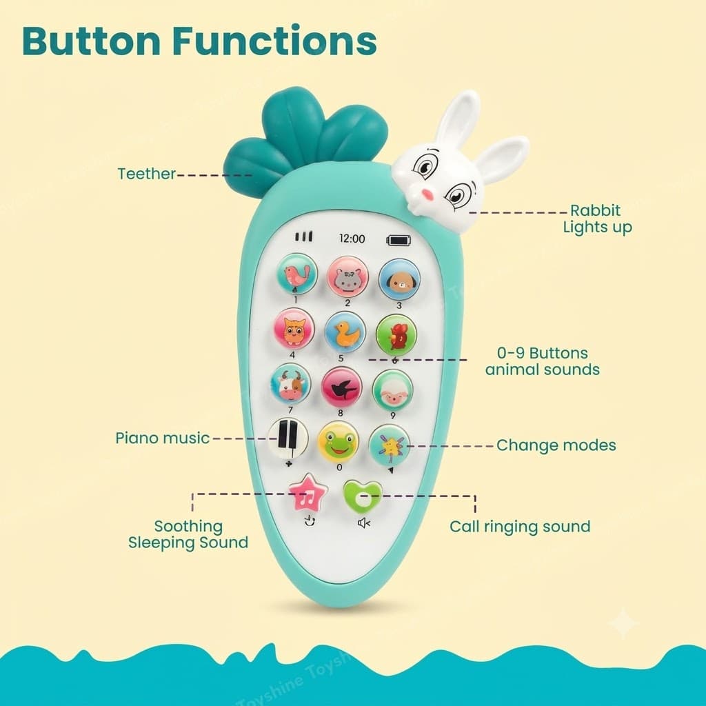 Infographic of a baby toy phone shaped like a light blue carrot, detailing its button functions including a green top teether, a light-up white rabbit head, 0-9 keys that play animal sounds, and special keys for piano music, mode changing, soothing sleeping sounds, and call ringing sounds.