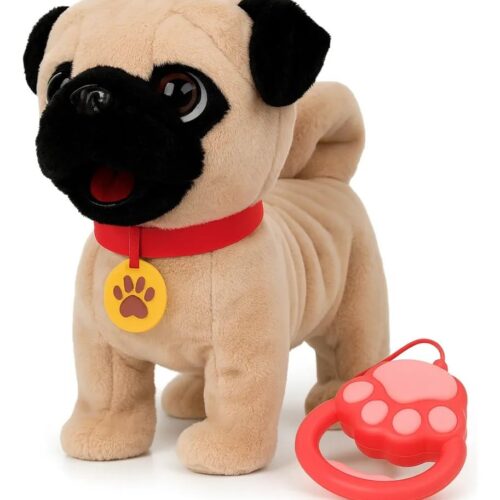 A plush pug dog toy with a black face and beige body, wearing a red collar with a yellow paw print tag, standing next to a red paw-shaped remote control attached by a leash wire.
