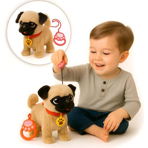 A plush pug dog toy with a black face and beige body, wearing a red collar with a yellow paw print tag, standing next to a red paw-shaped remote control attached by a leash wire.