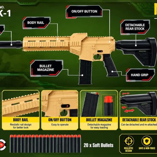 Retail box and unpacked contents of the Happy Kids Hyper Blasters Storm Shooting automatic toy rifle. The display includes a tan and black modular toy gun, a detachable magazine, a rechargeable blue battery, a USB charging cable, interchangeable barrel parts, and a pack of 20 blue EVA soft darts with orange suction cups.