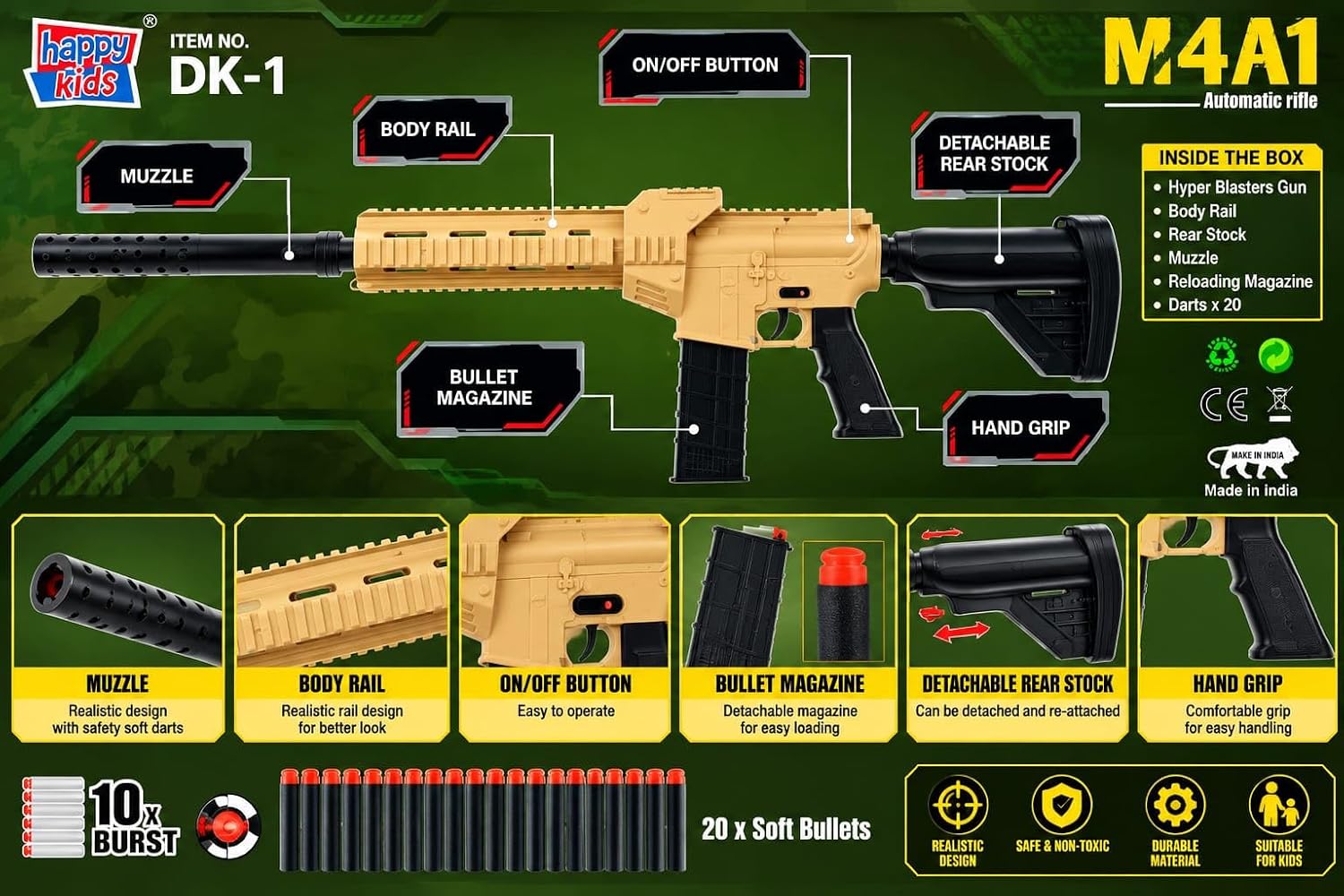 Retail box and unpacked contents of the Happy Kids Hyper Blasters Storm Shooting automatic toy rifle. The display includes a tan and black modular toy gun, a detachable magazine, a rechargeable blue battery, a USB charging cable, interchangeable barrel parts, and a pack of 20 blue EVA soft darts with orange suction cups.