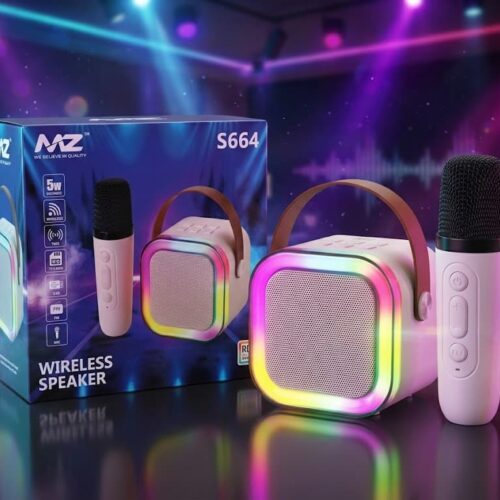 A white MZ S664 Wireless Speaker with a brown carrying strap and an illuminated RGB LED ring, sitting next to a white wireless microphone and its blue retail packaging box in a neon-lit party setting.