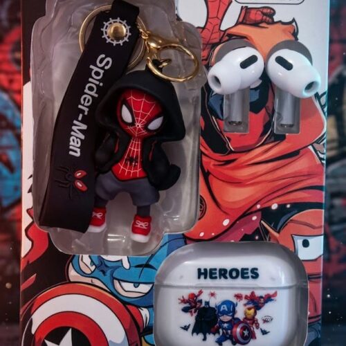 Retail packaging for the TWS-R201 wireless earbuds, showcasing white silicone-tipped earbuds, a white charging case printed with the word "HEROES" and comic characters, and a rubber Spider-Man keychain figure wearing a black hoodie attached to a black lanyard strap